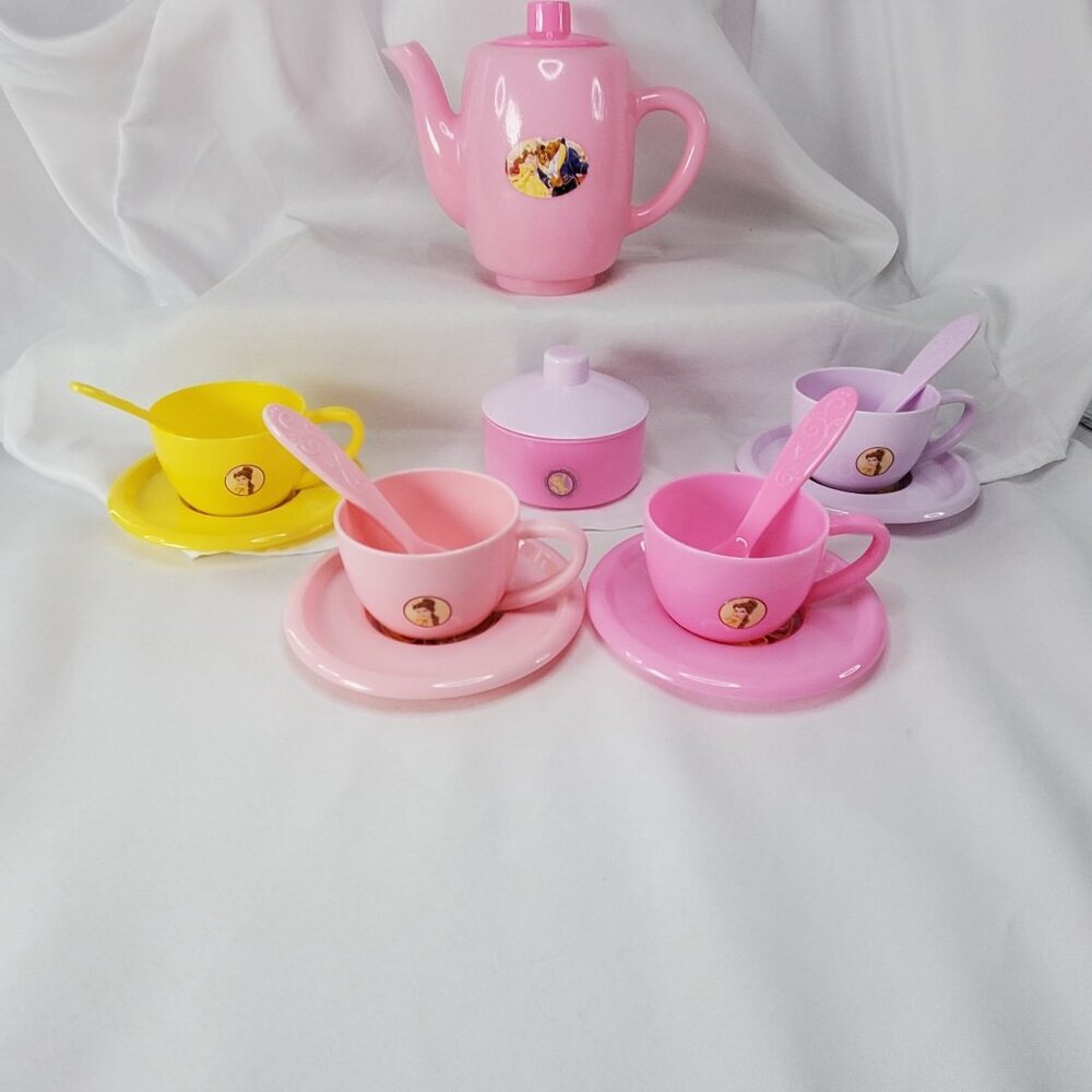 Disney Princess Belle & Beast Childs Play Tea Set Cups Saucers Teapot Spoons - Picture 3 of 12